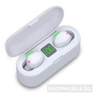 Безжични слушалки F9, Wireless, Bluetooth 5.0, Водоустойчиви, Auto Pairing, Touch Control, Powerbank 2000mAh, Бели Безжични слушалки F9, Wireless, Bluetooth 5.0, Водоустойчиви, Auto Pairing, Touch Control, Powerbank 2000mAh, Бели