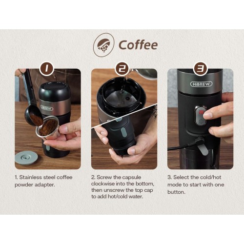 HiBREW H4A-Basic преносима кафемашина 3 в 1, 15 бара, 80W, 60мл, 12V, Съвместима с капсули Nespresso и Dolce Gusto