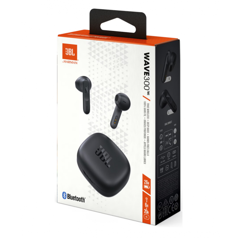 Безжични слушалки JBL Wave 300TWS, True Wireless, Bluetooth, Deep Bass, IPX2, Touch Control, Dual Connect, Черни
