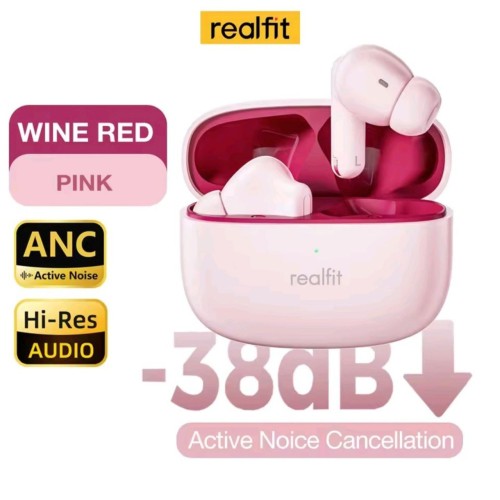 Безжични слушалки Realfit F3, Bluetooth 5.4, ANC Активно шумопотискане, Stereo Superb Bass, ENC Call HIFI, Розов