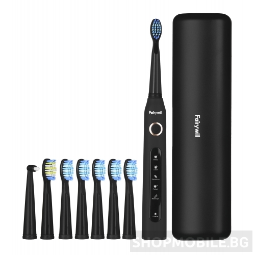Електрическа четка за зъби Fairywill FW-507 Plus Sonic Toothbrush, 7+1 накрайника, 40000 движения на четката/мин, 5 Програми, Черен Електрическа четка за зъби Fairywill FW-507 Plus Sonic Toothbrush, 7+1 накрайника, 40000 движения на четката/мин, 5 Програми, Черен