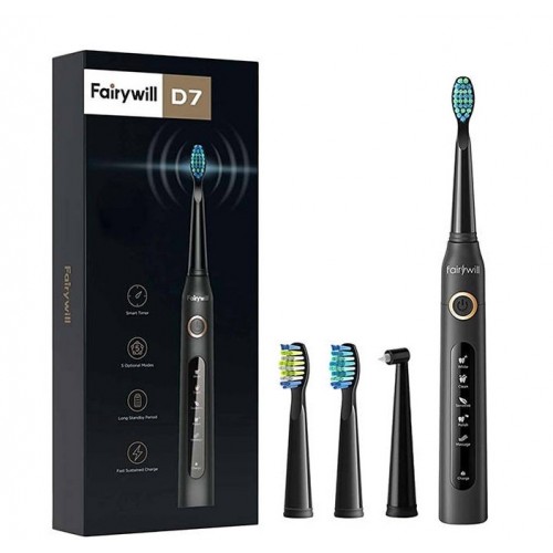 Електрическа четка за зъби Fairywill FW-507 Sonic Toothbrush, 3+1 накрайника, 40000 движения на четката/мин, 5 Програми, Черен Електрическа четка за зъби Fairywill FW-507 Sonic Toothbrush, 3+1 накрайника, 40000 движения на четката/мин, 5 Програми, Черен