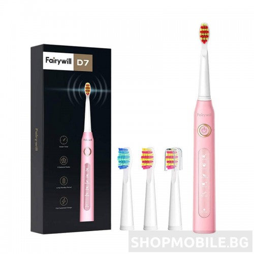 Електрическа четка за зъби Fairywill FW-507 Sonic Toothbrush, 3+1 накрайника, 40000 движения на четката/мин, 5 Програми, Розова Електрическа четка за зъби Fairywill FW-507 Sonic Toothbrush, 3+1 накрайника, 40000 движения на четката/мин, 5 Програми, Розова