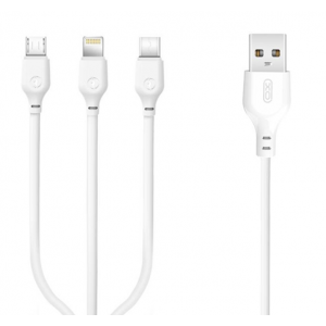Кабел за зареждане и пренос на данни XO cable NB103 3in1 USB - Lightning + USB-C + microUSB 1,0 m 2,1A, Бял Кабел за зареждане и пренос на данни XO cable NB103 3in1 USB - Lightning + USB-C + microUSB 1,0 m 2,1A, Бял