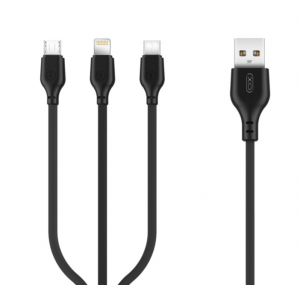 Кабел за зареждане и пренос на данни XO cable NB103 3in1 USB - Lightning + USB-C + microUSB 1,0 m 2,1A, Черен Кабел за зареждане и пренос на данни XO cable NB103 3in1 USB - Lightning + USB-C + microUSB 1,0 m 2,1A, Черен