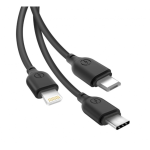Кабел за зареждане и пренос на данни XO cable NB103 3in1 USB - Lightning + USB-C + microUSB 1,0 m 2,1A, Черен Кабел за зареждане и пренос на данни XO cable NB103 3in1 USB - Lightning + USB-C + microUSB 1,0 m 2,1A, Черен