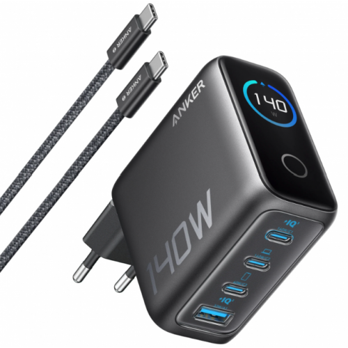 Мрежово зарядно Anker Zolo, 140W, 5A, 1 x USB-A - 3 x USB-C, с кабел в комплекта USB-C, Digital Display, Черно Мрежово зарядно Anker Zolo, 140W, 5A, 1 x USB-A - 3 x USB-C, с кабел в комплекта USB-C, Digital Display, Черно