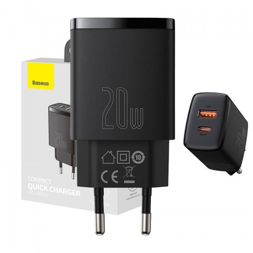 Мрежово зарядно Baseus Compact CCXJ-B01, USB-C/ USB, 20W, 3A, Quick Charge 3.0, Черен