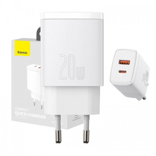 Мрежово зарядно Baseus Compact CCXJ-B01, USB-C/ USB, 20W, 3A, Quick Charge 3.0, Бял