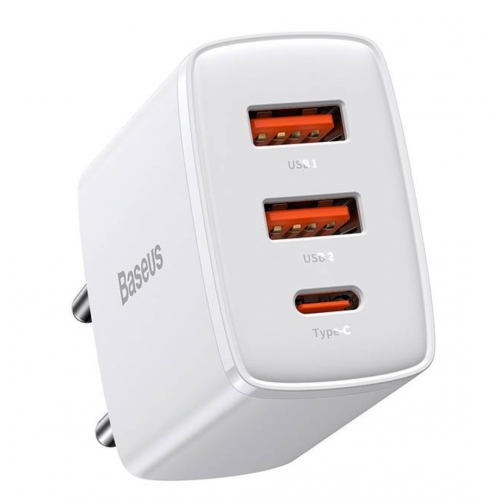 Мрежово зарядно Baseus Compact Quick Charger, 2 x USB/USB Type-C 30W, Бяло Мрежово зарядно Baseus Compact Quick Charger, 2 x USB/USB Type-C 30W, Бяло