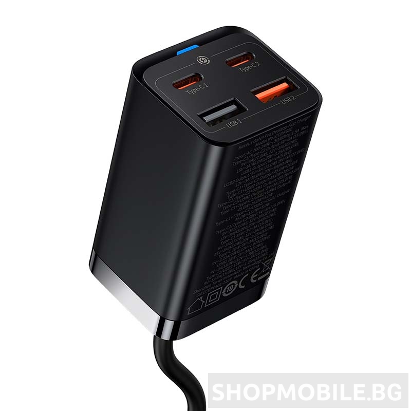 Мрежово зарядно Baseus GaN3 Pro, 2x USB-C, 2x USB, 65W, EU, Черен