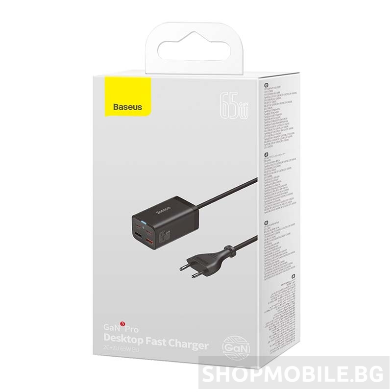 Мрежово зарядно Baseus GaN3 Pro, 2x USB-C, 2x USB, 65W, EU, Черен