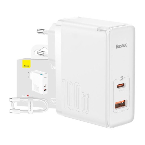Мрежово зарядно Baseus GaN5 Pro Quick Travel Charger 1x USB + 1x USB-C, 100W, EU, Кабел в комплект 100W, Бяло