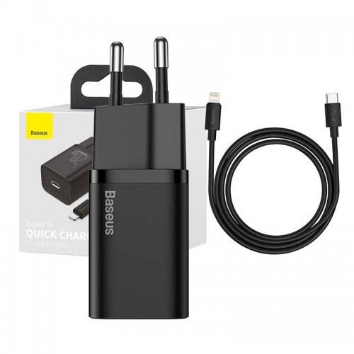 Мрежово зарядно Baseus Super Si Quick Charger 1C 20W, USB-C към Lightning кабел, 1m, Черен
