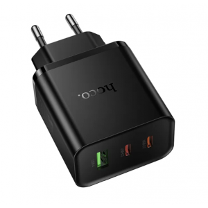 Мрежово зарядно Hoco N75, GaN 65W, 2x USB-C + USB-A, Черно Мрежово зарядно Hoco N75, GaN 65W, 2x USB-C + USB-A, Черно