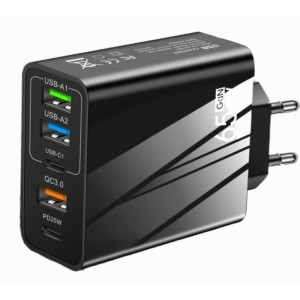 Мрежово зарядно устройство, 65 W бързо зареждане, 5 порта, 3 x USB, 2 x Type-C, универсално съвместимо iPhone, Huawei, Samsung, Xiaomi, Черно