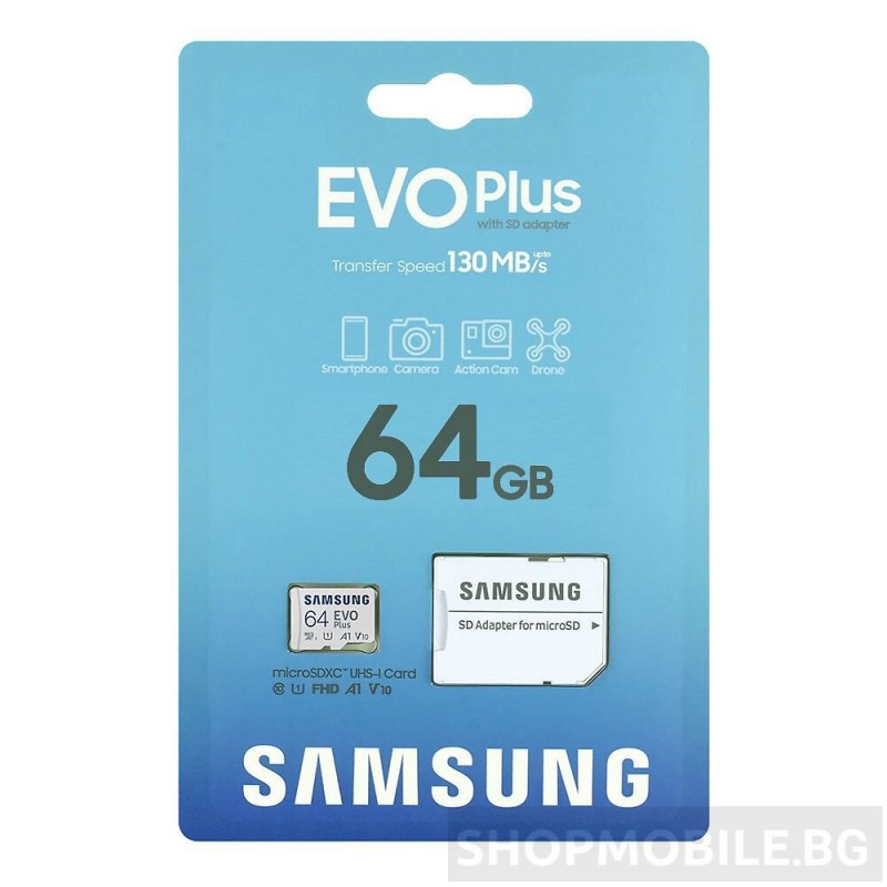 Оригинална Samsung EVO PLUS microSDXC 64GB UHS-I U1 A1 V10 class 10 карта + адаптер SD, скорост на четене 130MB/s