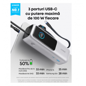 Преносима батерия Anker 25000mAh, 165W с прибиращ се USB-C кабел, Сребриста Преносима батерия Anker 25000mAh, 165W с прибиращ се USB-C кабел, Сребриста