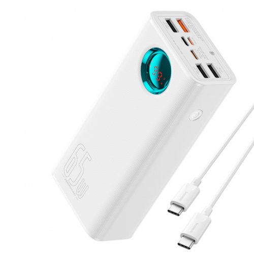 Преносима батерия Baseus Amblight Digital Display 26800mАh, QС 3.0, РD, 3А, 65W, Зареждане на лаптопи, С кабел в комплекта, Бяла Преносима батерия Baseus Amblight Digital Display 26800mАh, QС 3.0, РD, 3А, 65W, Зареждане на лаптопи, С кабел в комплекта, Бяла