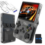 Преносима игрова конзола R36S X55, 3,5-инчов IPS екран, Над 15 000 класически игри, до 6 часа игра, Черна