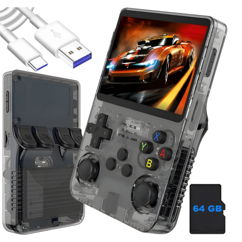 Преносима игрова конзола R36S X55, 3,5-инчов IPS екран, Над 15 000 класически игри, до 6 часа игра, Черна