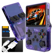 Преносима игрова конзола R36S X55, 3,5-инчов IPS екран, Над 15 000 класически игри, до 6 часа игра, Лилава