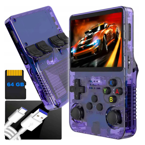Преносима игрова конзола R36S X55, 3,5-инчов IPS екран, Над 15 000 класически игри, до 6 часа игра, Лилава