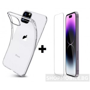 Комплект Стъклен протектор, Tempered Glass 2,5D, Full Glue + Тънък прозрачен силиконов кейс Комплект Стъклен протектор, Tempered Glass 2,5D, Full Glue + Тънък прозрачен силиконов кейс