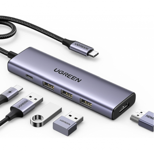 Хъб UGREEN 5in1 CM511, USB-C към 3x USB 3.0, 1x USB-C PD 100W, 1x HDMI 1.4, 4K, 30Hz 5Gbps, Сив Хъб UGREEN 5in1 CM511, USB-C към 3x USB 3.0, 1x USB-C PD 100W, 1x HDMI 1.4, 4K, 30Hz 5Gbps, Сив