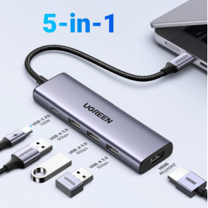 Хъб UGREEN 5in1 CM511, USB-C към 3x USB 3.0, 1x USB-C PD 100W, 1x HDMI 1.4, 4K, 30Hz 5Gbps, Сив Хъб UGREEN 5in1 CM511, USB-C към 3x USB 3.0, 1x USB-C PD 100W, 1x HDMI 1.4, 4K, 30Hz 5Gbps, Сив